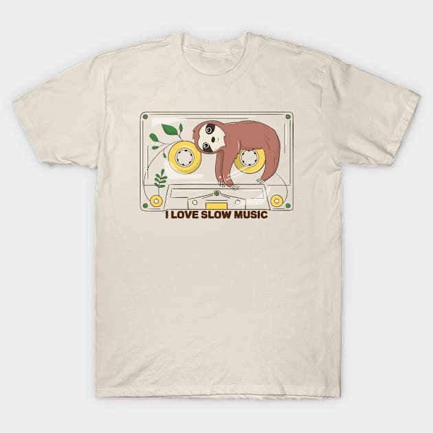 Sloth in a cassette I love Slow Music Sarcastic Animal Pun T-Shirt by Inspire Enclave